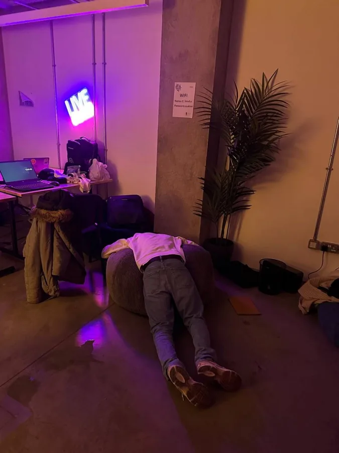A late night at a hackathon venue